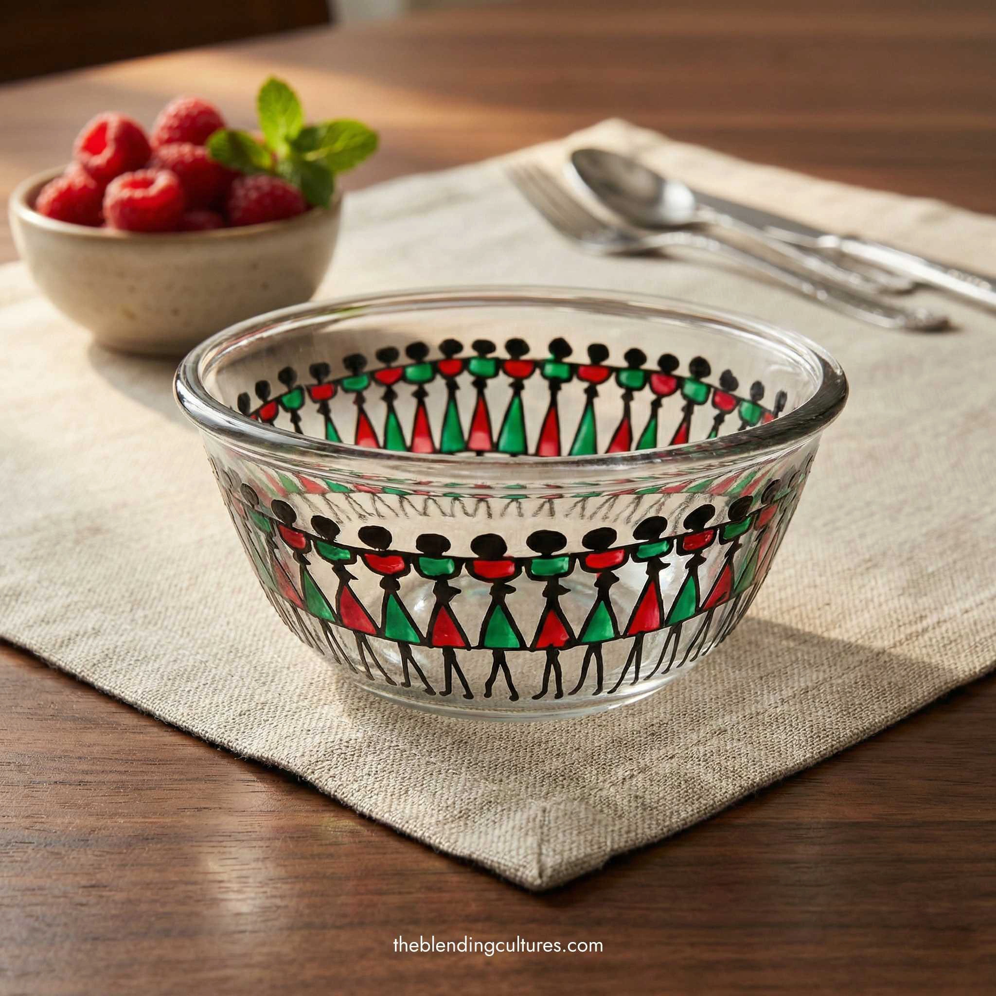 Hand Painted Glass Bowl with Tribal Art