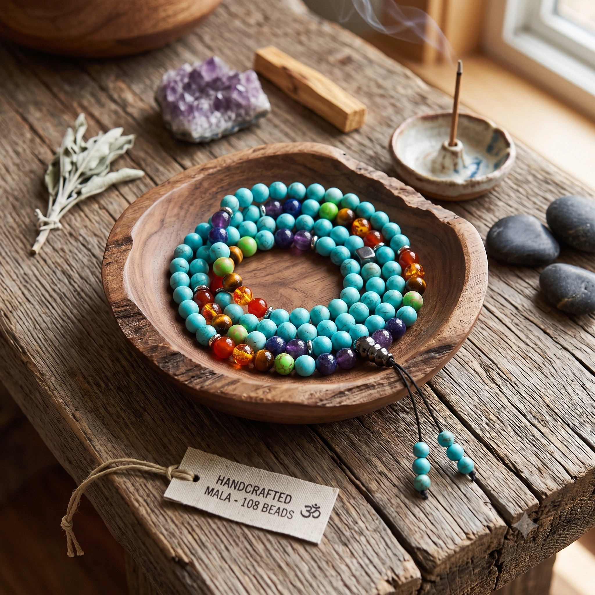 Buddhist Prayer Turquoise Mala with 7 Chakra Beads