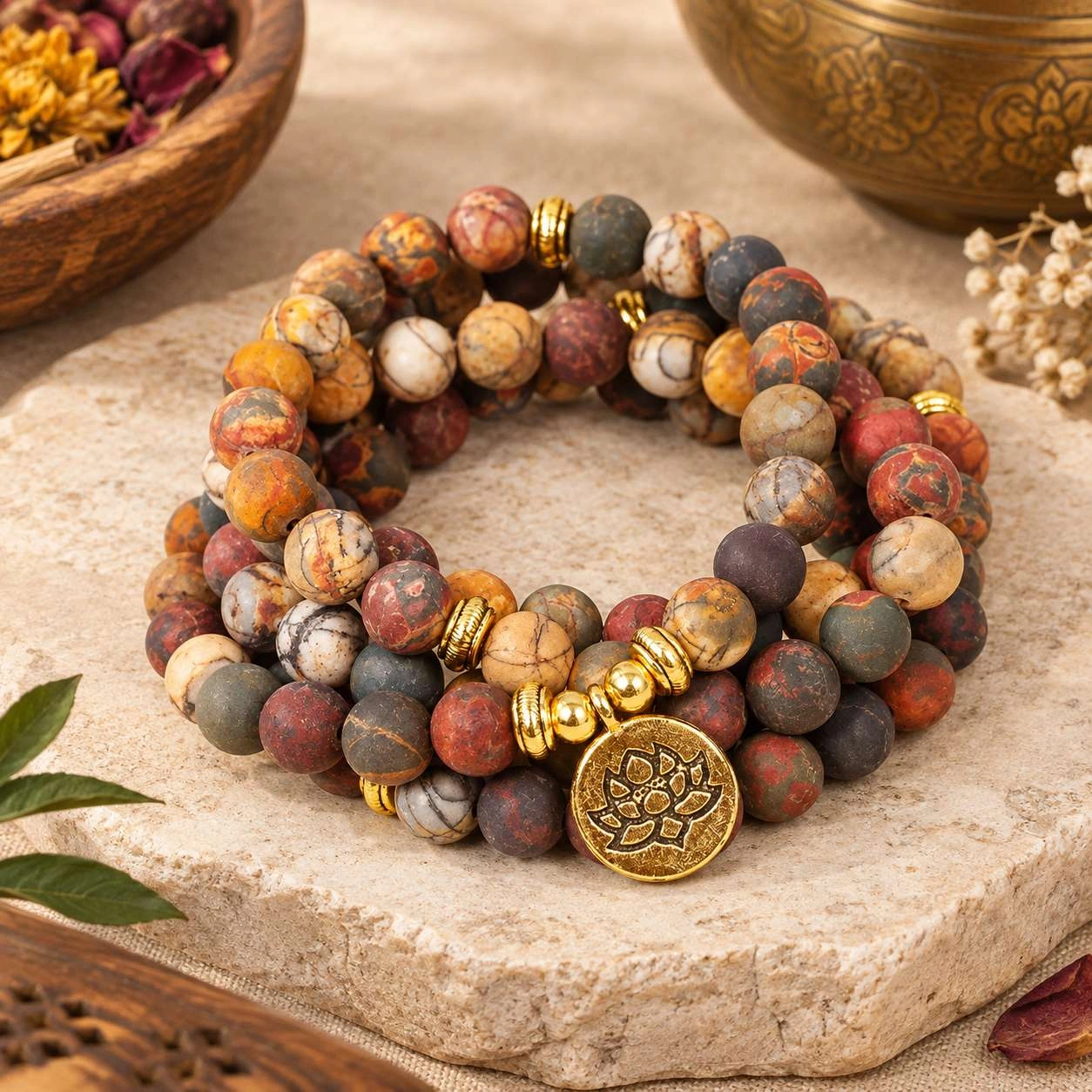 Mala Prayer 108 Beads Matte Picasso Jasper Bracelet Necklace