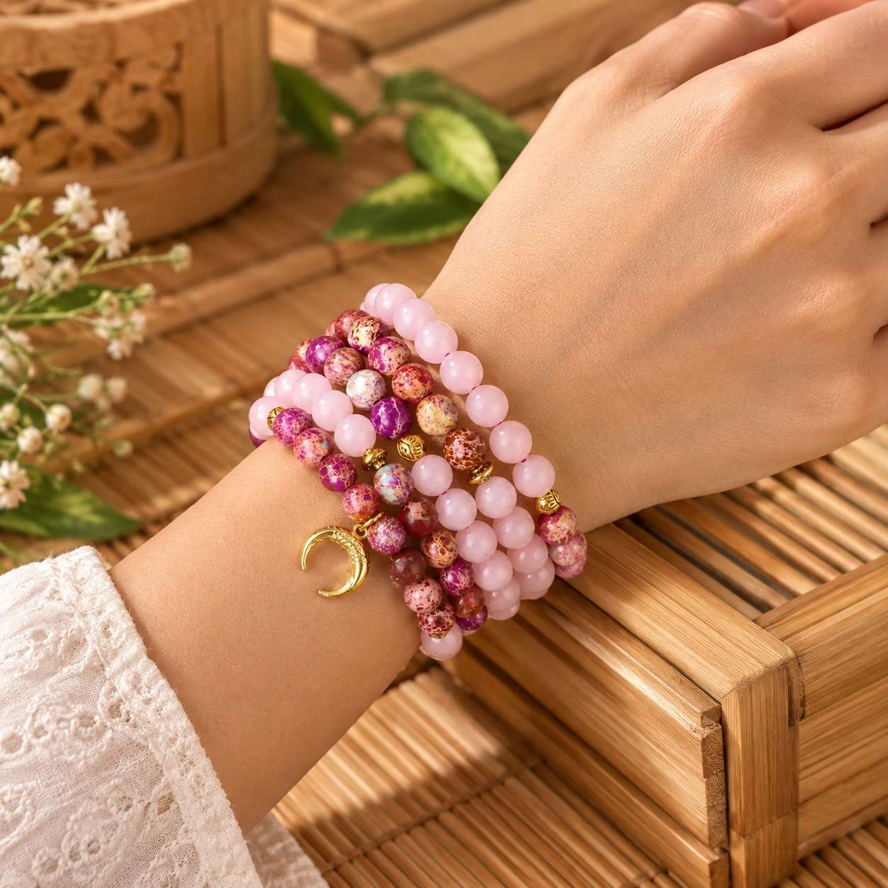 108 Beads Handmade Pink Rose Quartz Necklace for Women