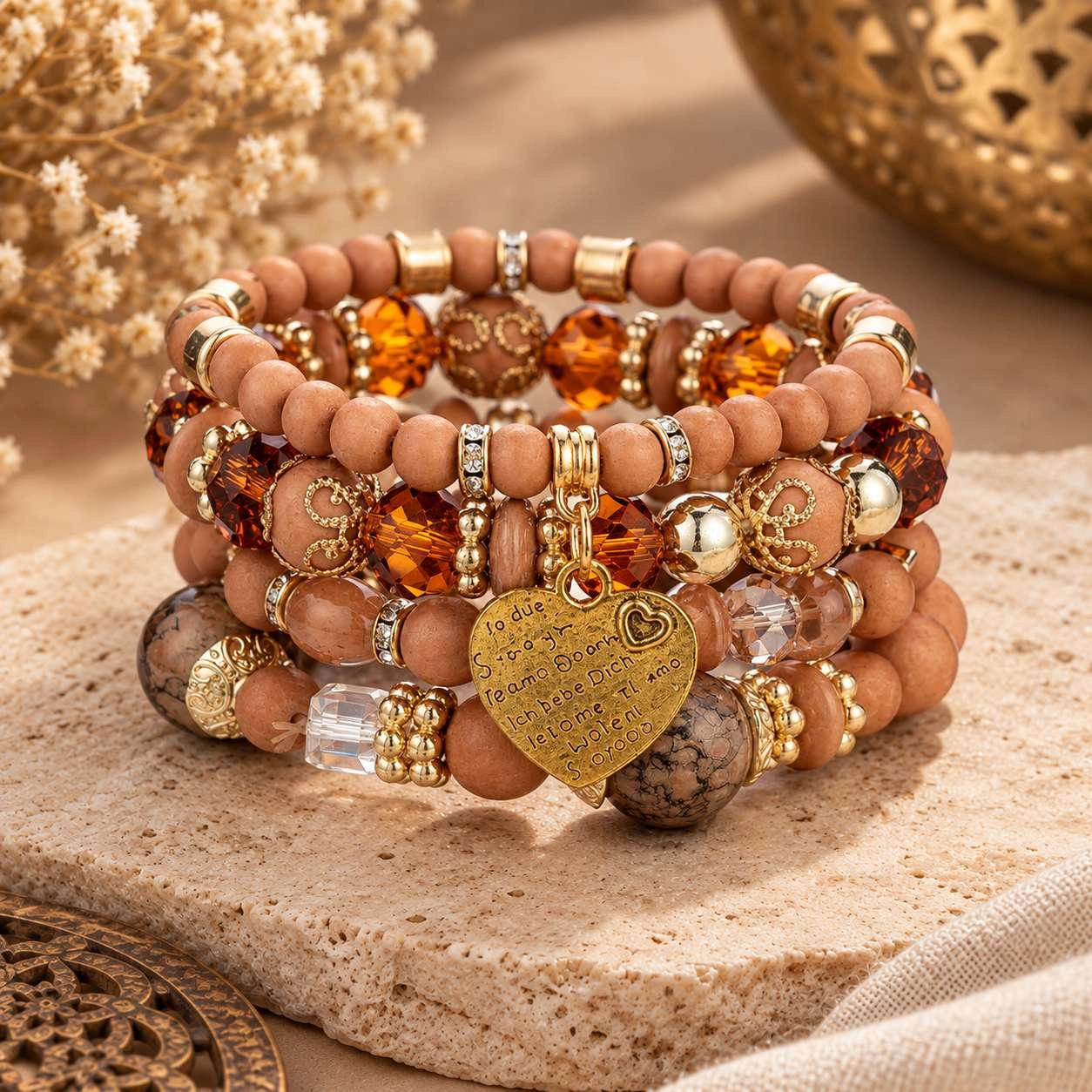 High Quality Luxury Multilayer Glass Boho Bracelet for Women Beaded Love Heart Pendant - Gray