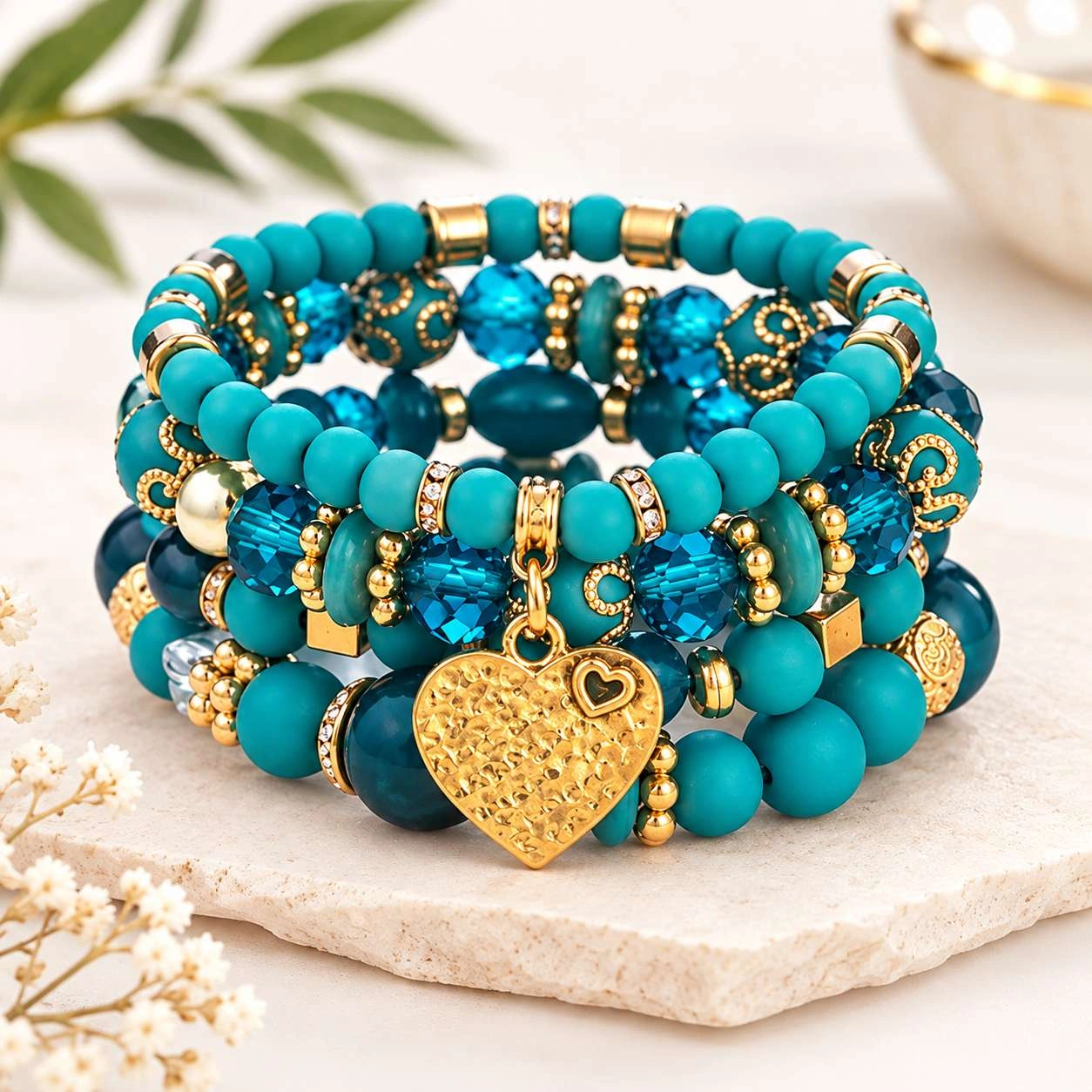 High Quality Luxury Multilayer Glass Boho Bracelet for Women Beaded Love Heart Pendant - Blue