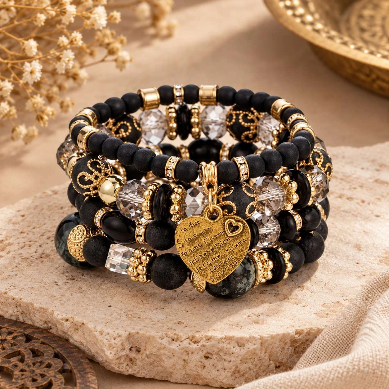 High Quality Luxury Multilayer Glass Boho Bracelet for Women Beaded Love Heart Pendant - Black