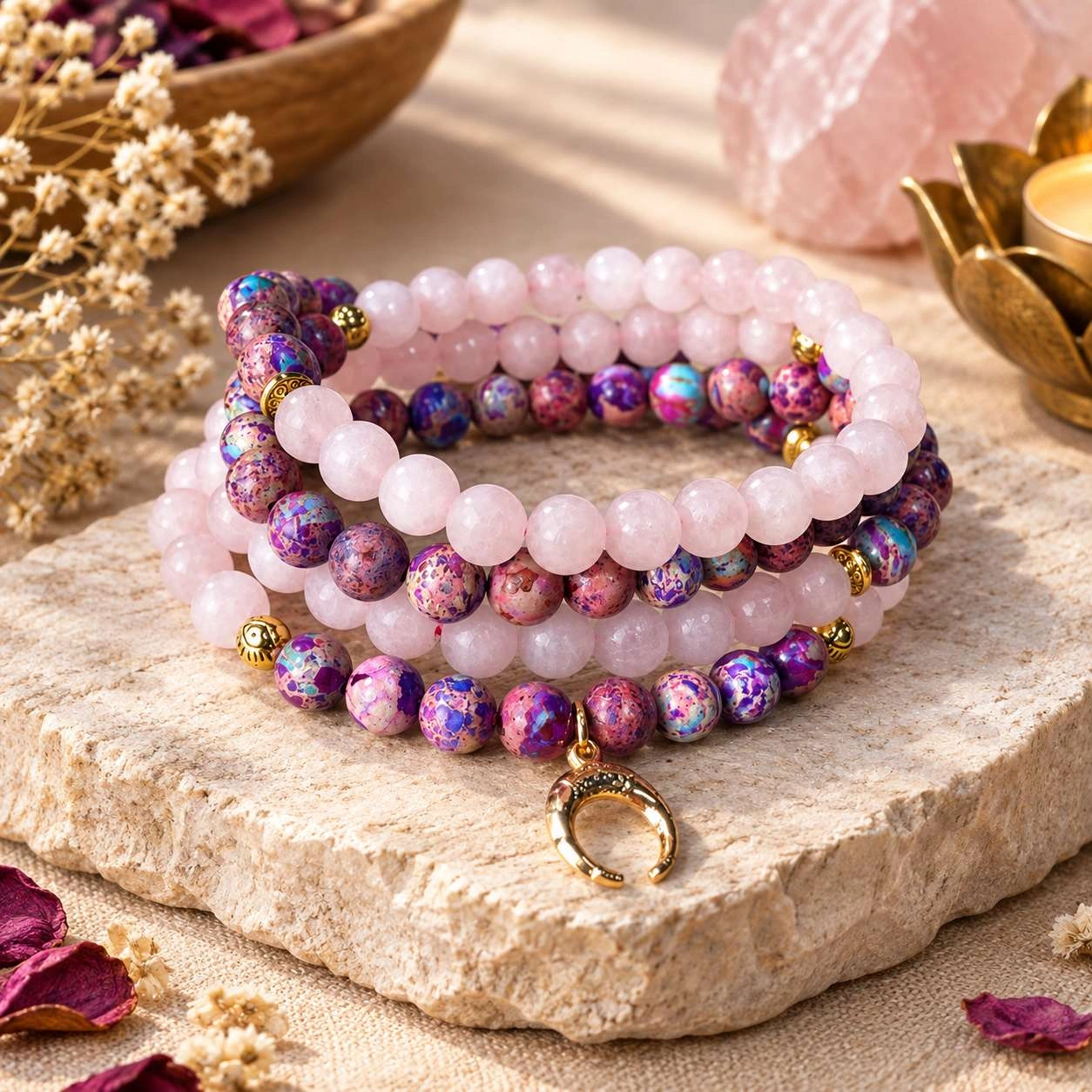 Rose Quartz Mala with Purple and Blue Turquoise Necklace or a Wrap Bracelet