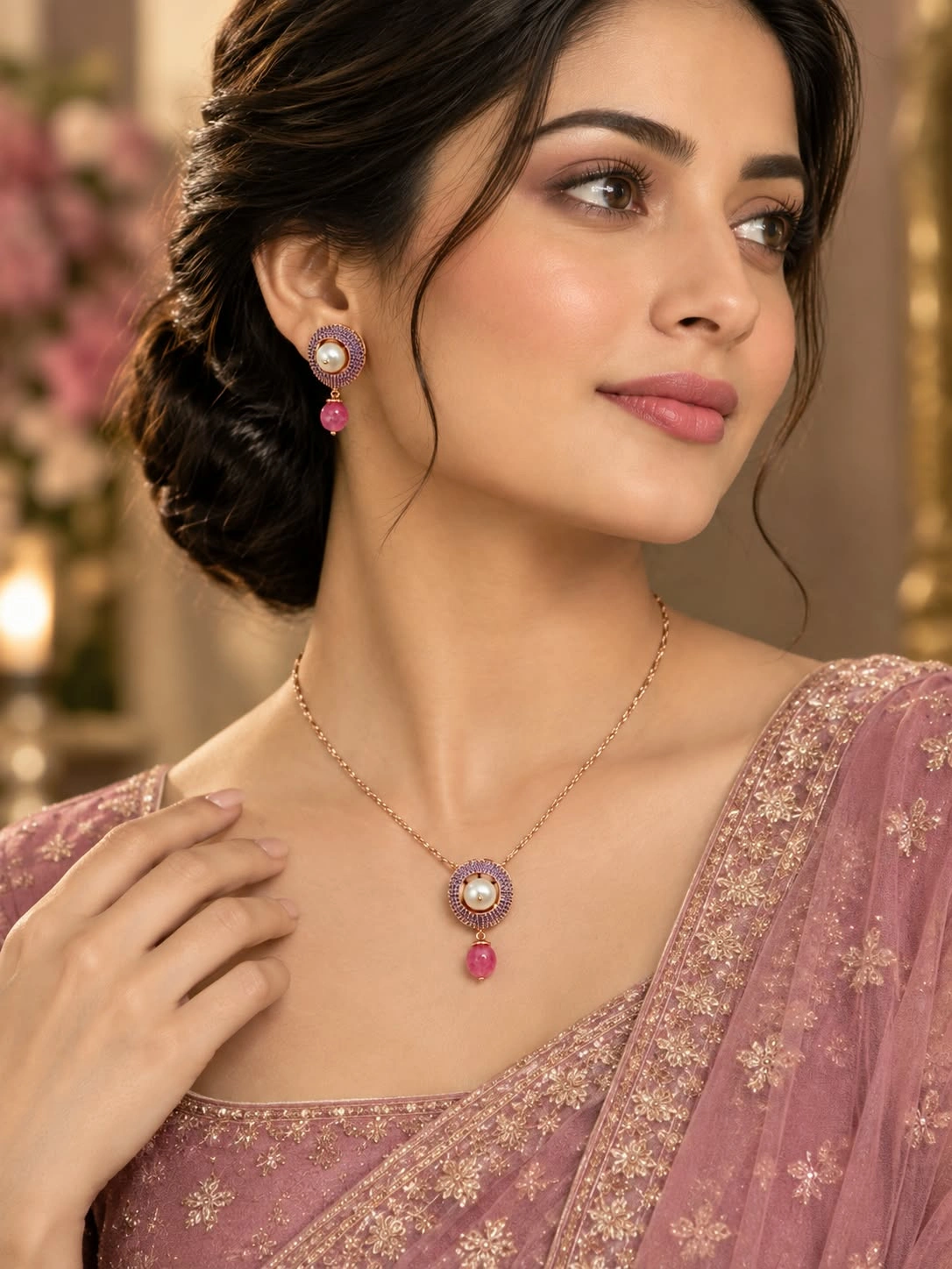 Purple Crystal & Pearl Pendant Necklace & Earrings Set